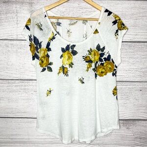 Lucky Brand Linen Blend Yellow Rose White Floral Casual T-Shirt Top Size Large